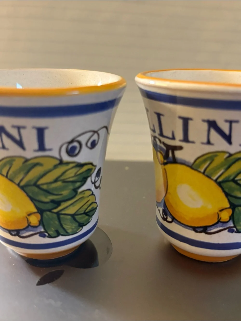 Hand-Painted Limoncello Lemon Pallini Ceramic Shot Glasses - Blue & Yellow